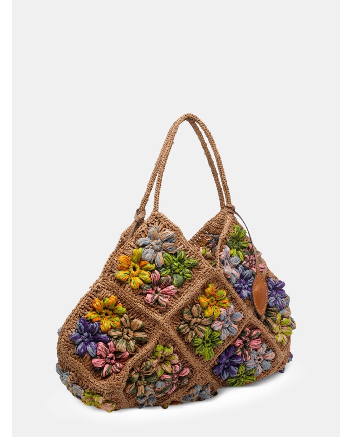 AFAR Borsa Large ricamata e intrecciata in rafia
