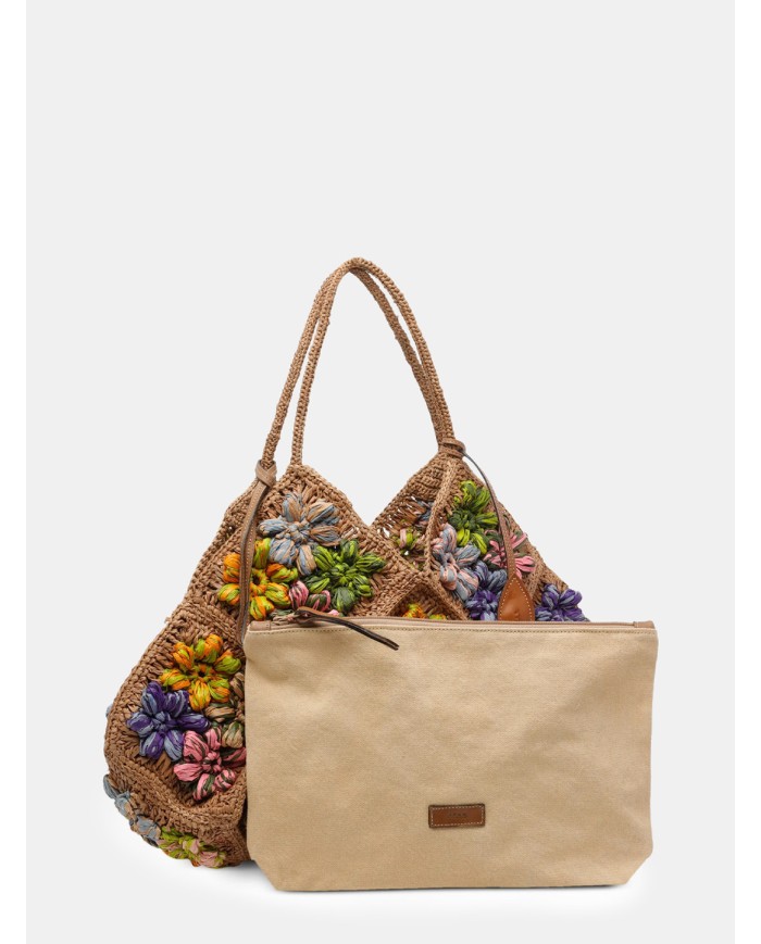 AFAR Borsa Large ricamata e intrecciata in rafia