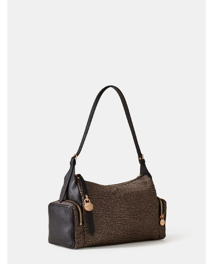 BORBONESE Poche Borsa Hobo Medium Borbonese in Tessuto OP Op Naturale/nero