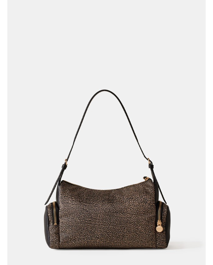BORBONESE Poche Borsa Hobo Medium Borbonese in Tessuto OP Op Naturale/nero