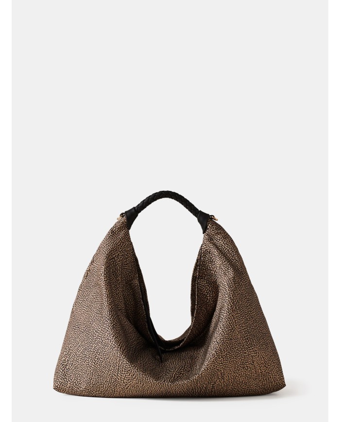 BORBONESE Plie Borsa Hobo Medium Borbonese in Tessuto OP Op Naturale/nero