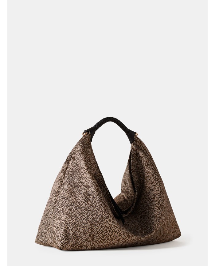 BORBONESE Plie Borsa Hobo Medium Borbonese in Tessuto OP Op Naturale/nero