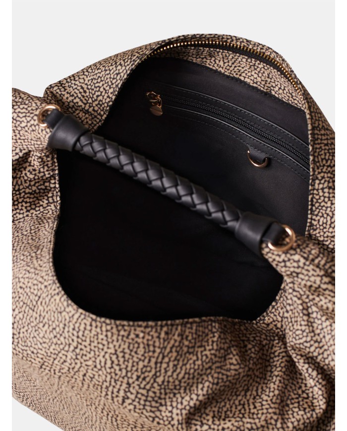 BORBONESE Plie Borsa Hobo Medium Borbonese in Tessuto OP Op Naturale/nero