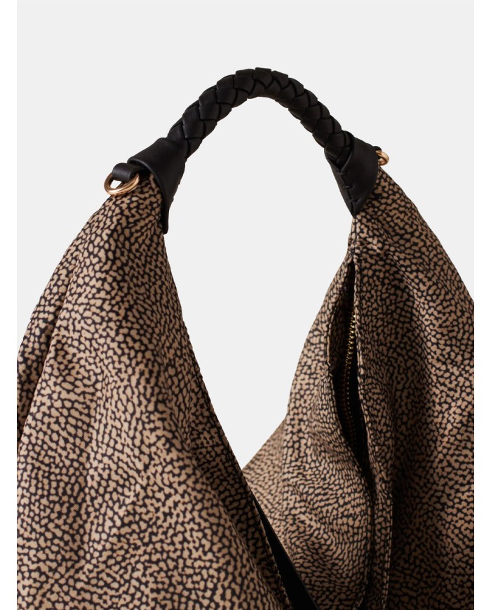 BORBONESE Plie Borsa Hobo Medium Borbonese in Tessuto OP Op Naturale/nero