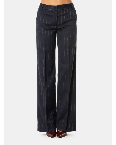 ERMANNO FIRENZE Pantalone Donna Blu Gessato a Gamba Ampia Blu profondo
