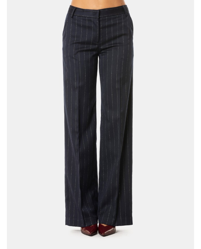 ERMANNO FIRENZE Pantalone Donna Blu Gessato a Gamba Ampia Blu profondo