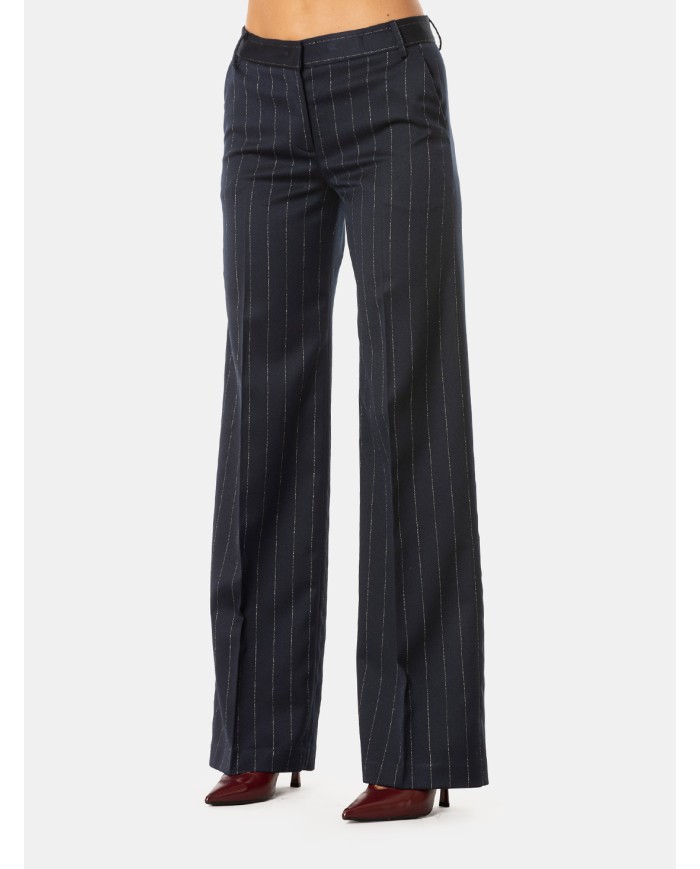 ERMANNO FIRENZE Pantalone Donna Blu Gessato a Gamba Ampia Blu profondo