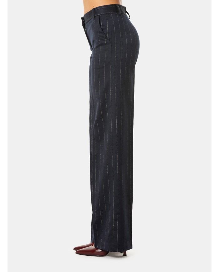 ERMANNO FIRENZE Pantalone Donna Blu Gessato a Gamba Ampia Blu profondo