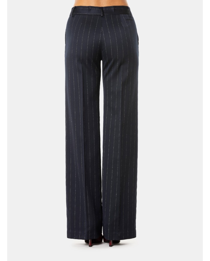 ERMANNO FIRENZE Pantalone Donna Blu Gessato a Gamba Ampia Blu profondo