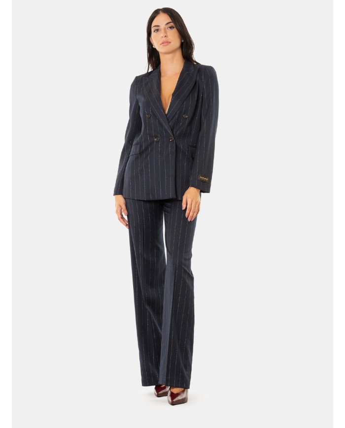 ERMANNO FIRENZE Pantalone Donna Blu Gessato a Gamba Ampia Blu profondo