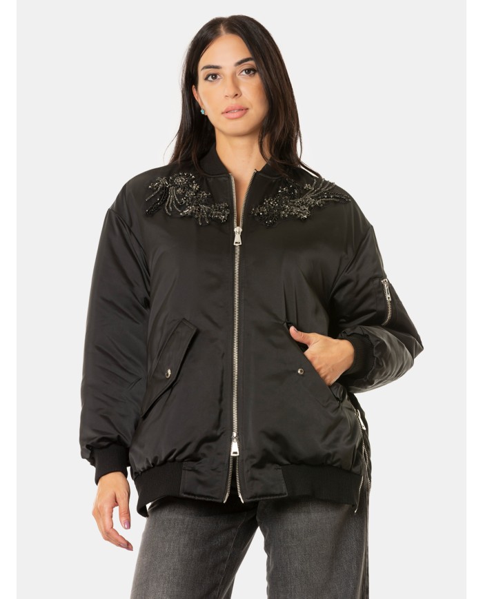 ERMANNO FIRENZE Bomber Nero con Ricami Gioiello Nero