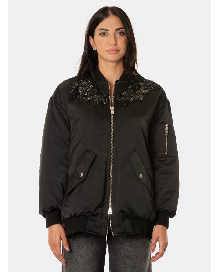 ERMANNO FIRENZE Bomber Nero con Ricami Gioiello Nero