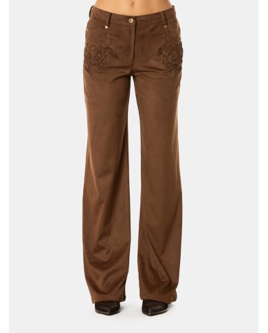 ERMANNO FIRENZE Pantalone Effetto Camoscio Marrone con Ricami Cacao