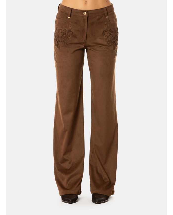 ERMANNO FIRENZE Pantalone Effetto Camoscio Marrone con Ricami Cacao