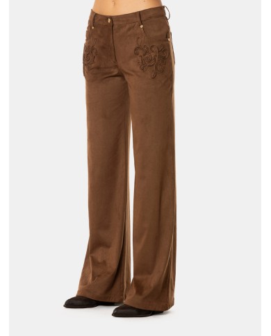 ERMANNO FIRENZE Pantalone Effetto Camoscio Marrone con Ricami Cacao