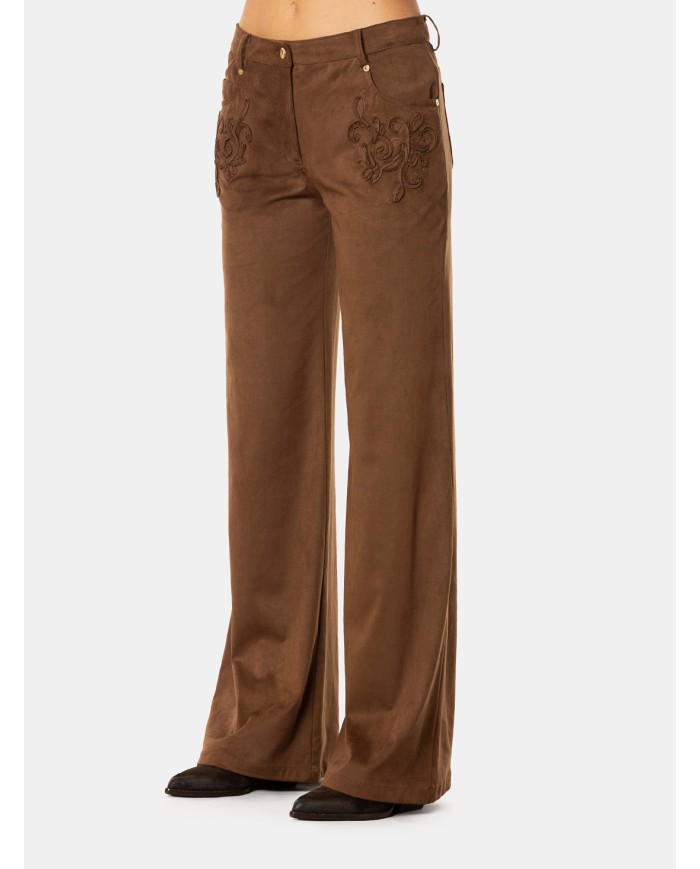 ERMANNO FIRENZE Pantalone Effetto Camoscio Marrone con Ricami Cacao