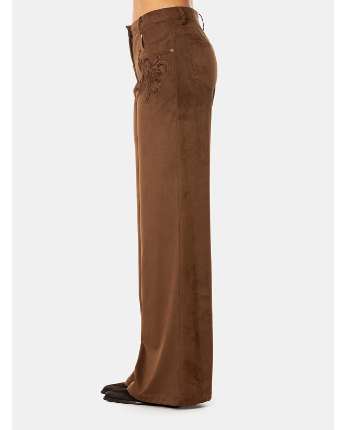 ERMANNO FIRENZE Pantalone Effetto Camoscio Marrone con Ricami Cacao