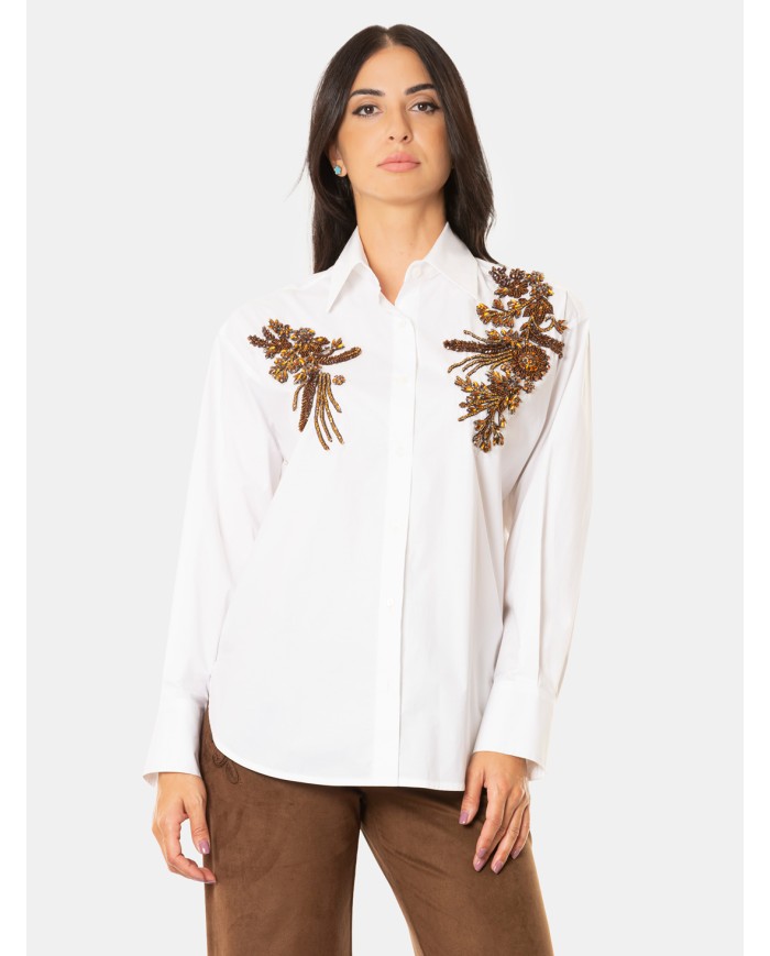 ERMANNO FIRENZE Camicia Bianca con Ricami Gioiello Floreali Bianco ottico/topazio