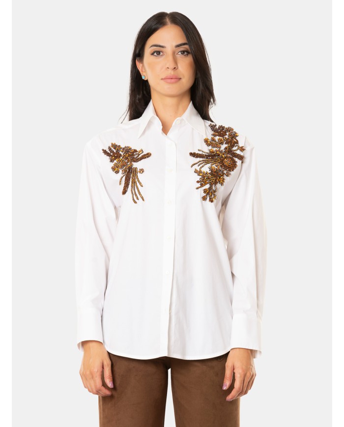 ERMANNO FIRENZE Camicia Bianca con Ricami Gioiello Floreali Bianco ottico/topazio
