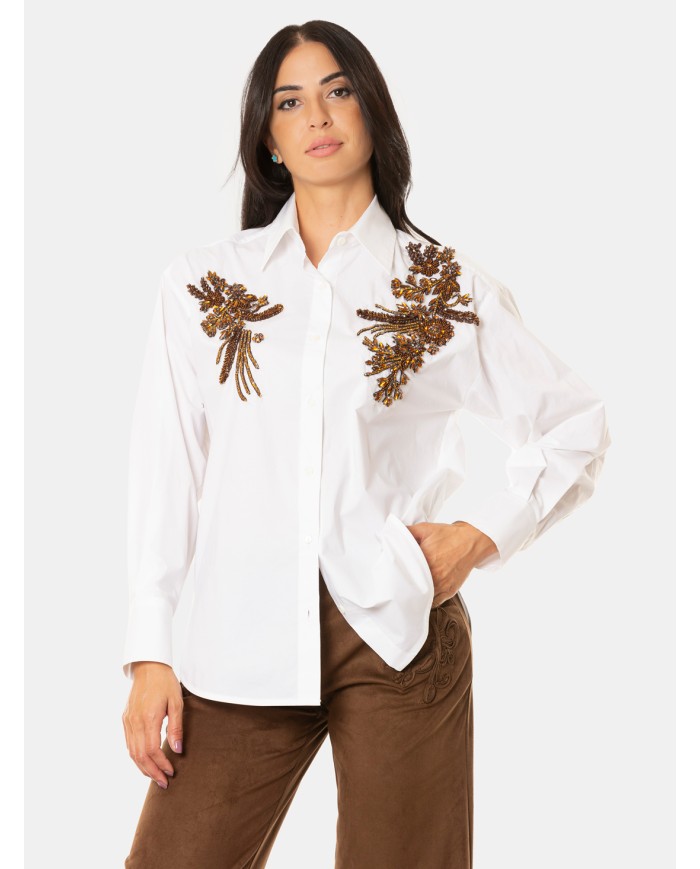 ERMANNO FIRENZE Camicia Bianca con Ricami Gioiello Floreali Bianco ottico/topazio