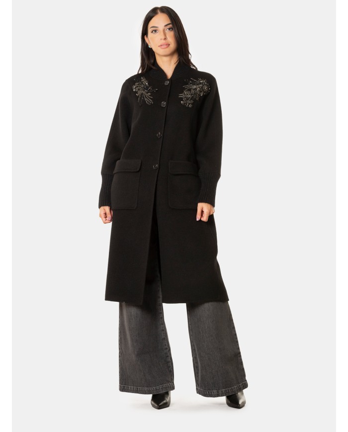 ERMANNO FIRENZE Cappotto Nero con Ricami Gioiello Floreal Nero