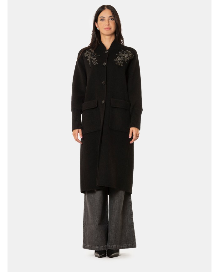 ERMANNO FIRENZE Cappotto Nero con Ricami Gioiello Floreal Nero