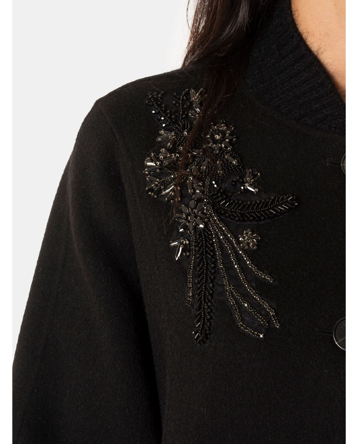 ERMANNO FIRENZE Cappotto Nero con Ricami Gioiello Floreal Nero