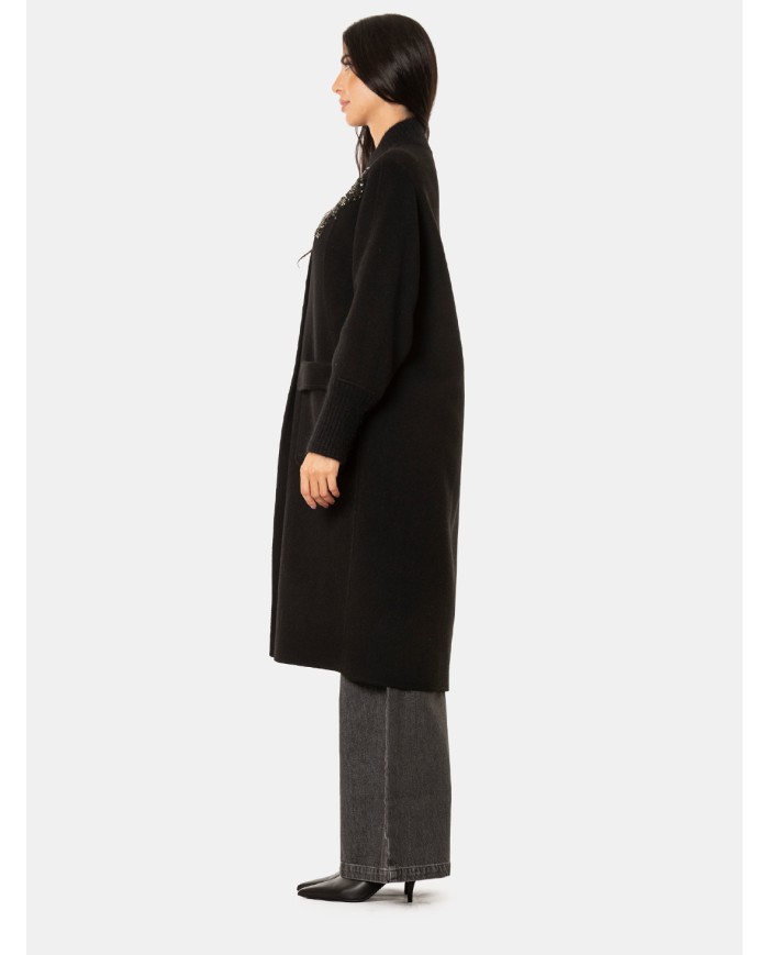 ERMANNO FIRENZE Cappotto Nero con Ricami Gioiello Floreal Nero