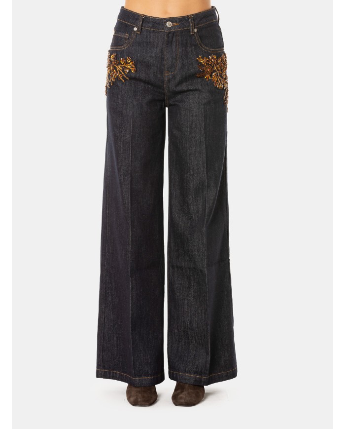 ERMANNO FIRENZE Jeans Flare con Ricami Gioiello Denim Scuro