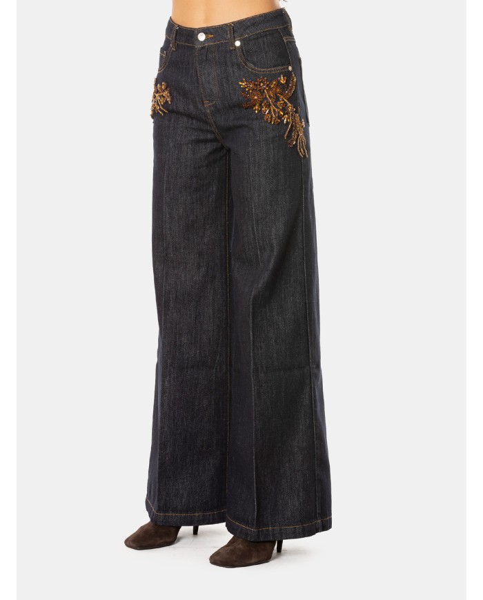 ERMANNO FIRENZE Jeans Flare con Ricami Gioiello Denim Scuro