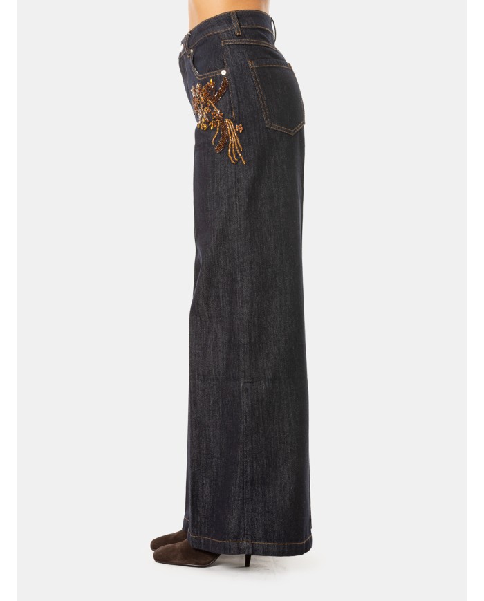 ERMANNO FIRENZE Jeans Flare con Ricami Gioiello Denim Scuro